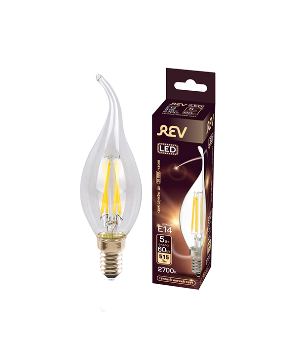 Лампа светодиодная REV 5 Вт Е14 филаментная свеча на ветру FC37 2700 К теплый свет 230 В