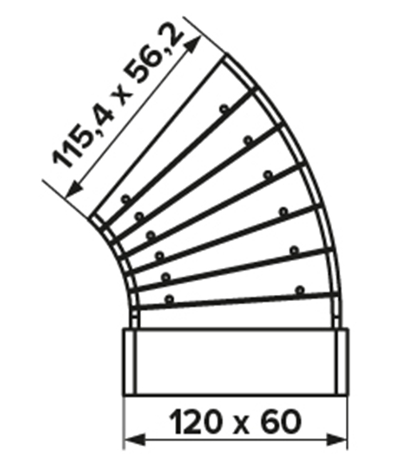 Колено для плоских воздуховодов горизонтальное пластиковое 60х120 мм разноугловое