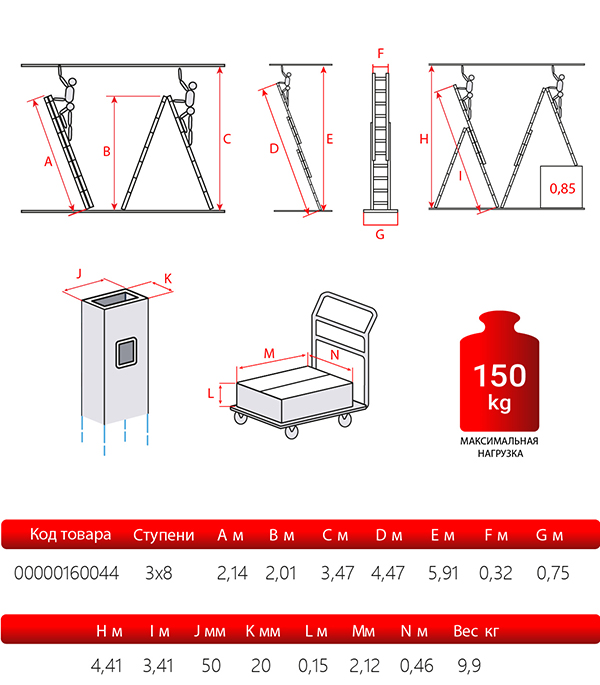 Лестница трансформер Новая высота трехсекционная алюминиевая 3х8