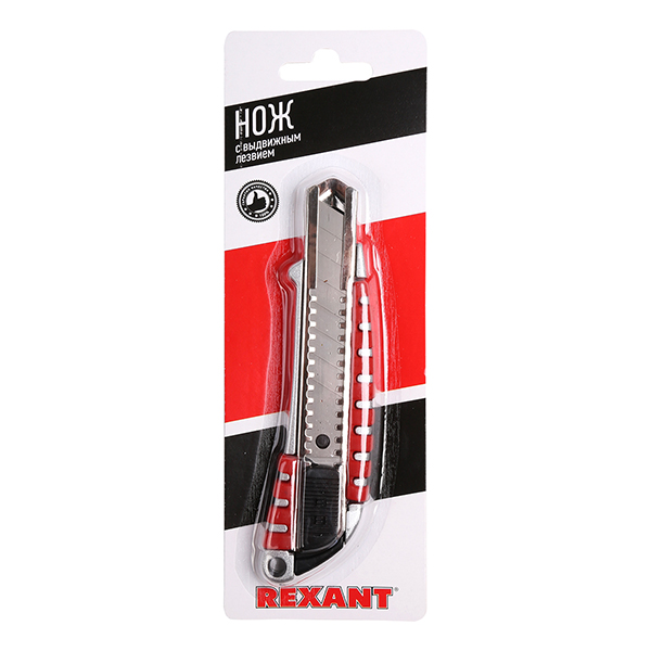 Нож Rexant 18 мм с выдвижным лезвием металлический корпус с автофиксатором красный