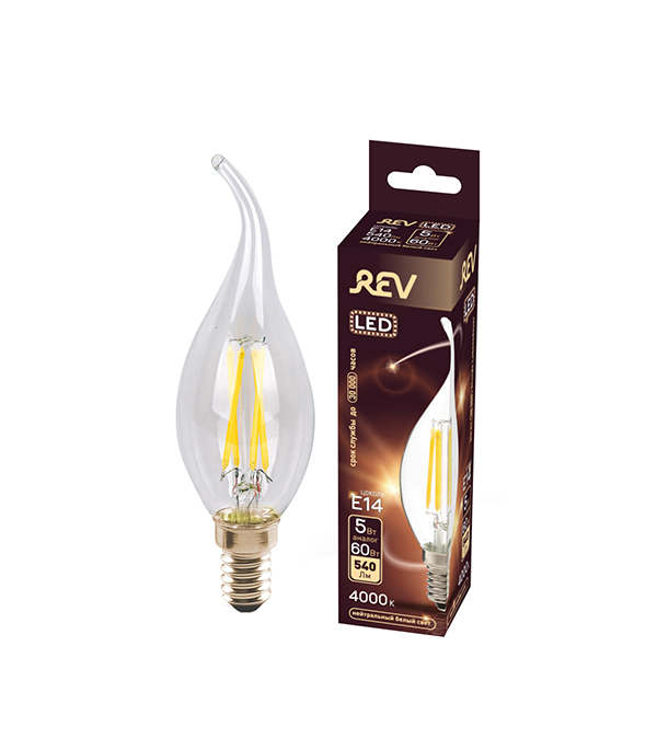Лампа светодиодная REV 5 Вт Е14 филаментная свеча на ветру FC37 4000 К дневной свет 230 В