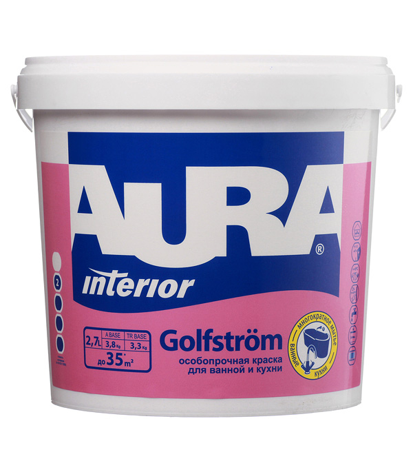 Краска водно-дисперсионная Aura Interior Golfstrom особопрочная для ванной и кухни моющаяся белая основа А 2,7 л