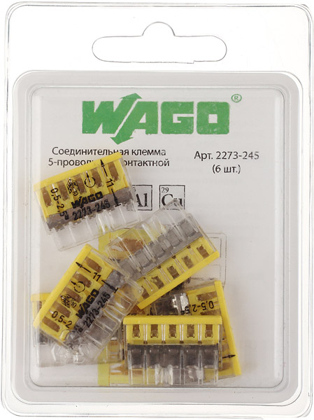 Зажим клемма Wago 2273-245 на 5 проводов 0,5-2,5 мм кв с пастой 6 шт