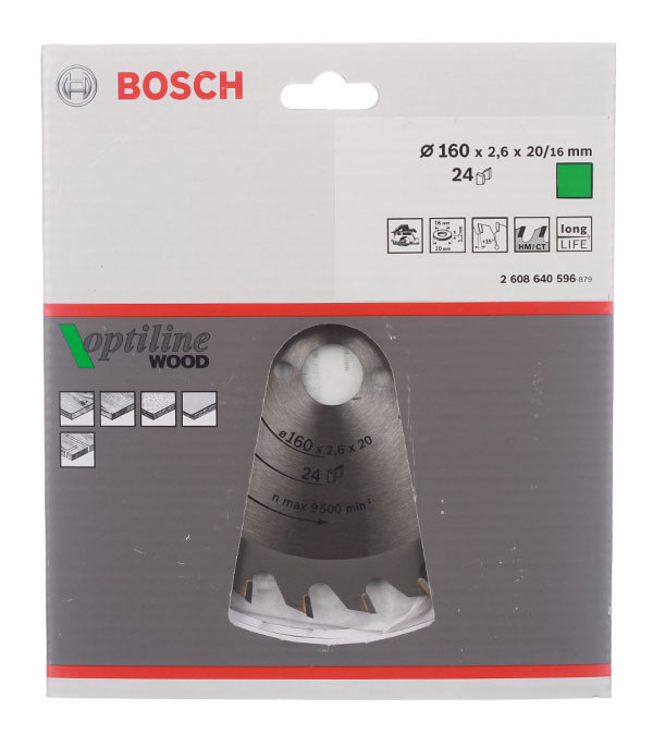 Диск пильный по дереву Bosch Optiline (2608640596) 160х16/20х2,6 мм 24 зуба