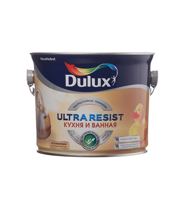 Краска водно-дисперсионная Dulux Ultra Resist кухня и ванная моющаяся белая основа BW 2,5 л
