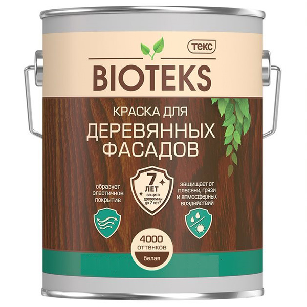 Краска фасадная алкидная по дереву Текс Bioteks белая основа А 9 л