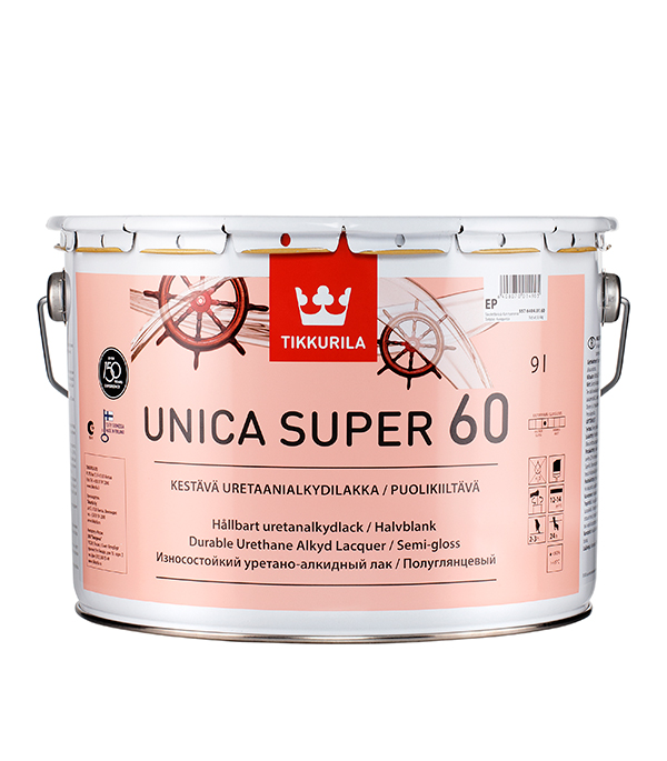 Лак алкидно-уретановый яхтный Tikkurila Unica Super 60 основа EP бесцветный 9 л полуглянцевый